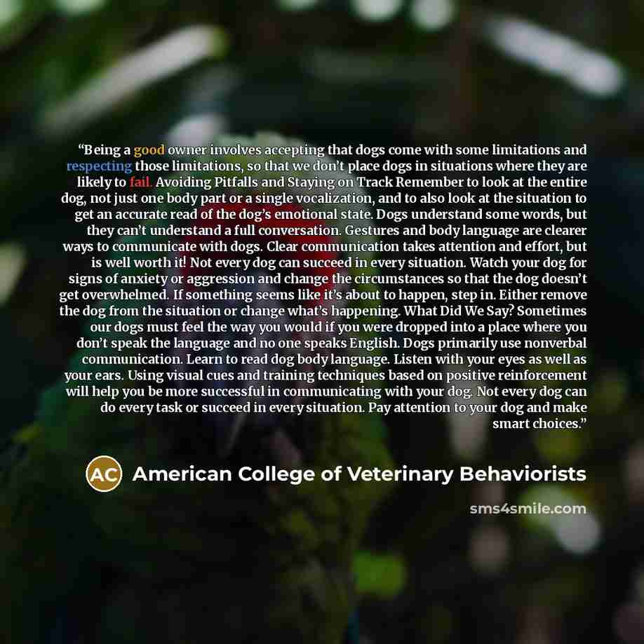 “Being a good owner involves accepting that dogs come with some limitations and respecting those limitations, so that we don’t place dogs in situations where they are likely to fail. Avoiding Pitfalls and Staying on Track Remember to look at the entire dog, not just one body part or a single…” quote by American College of Veterinary Behaviorists