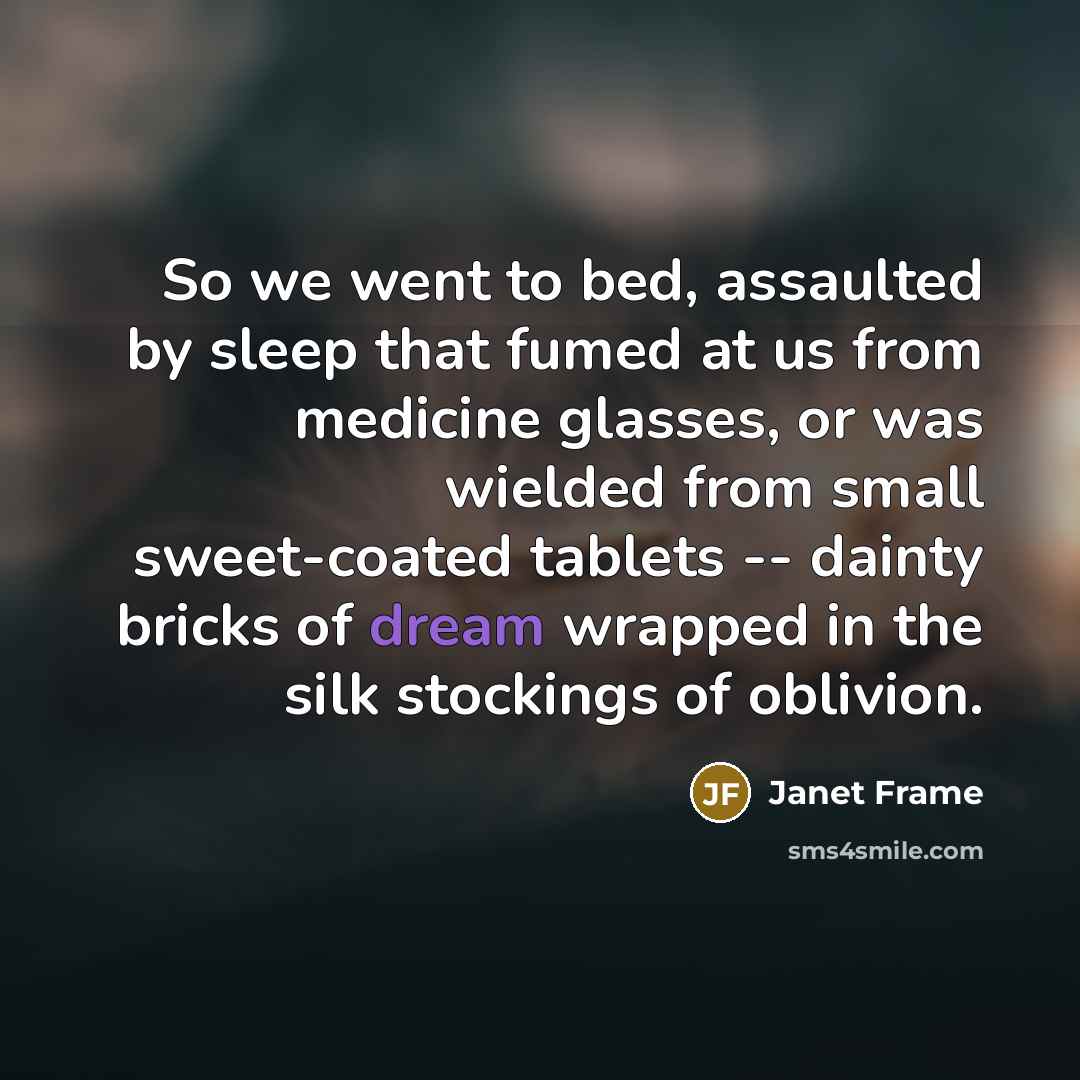 “So we went to bed, assaulted by sleep that fumed…” quote by Janet Frame
