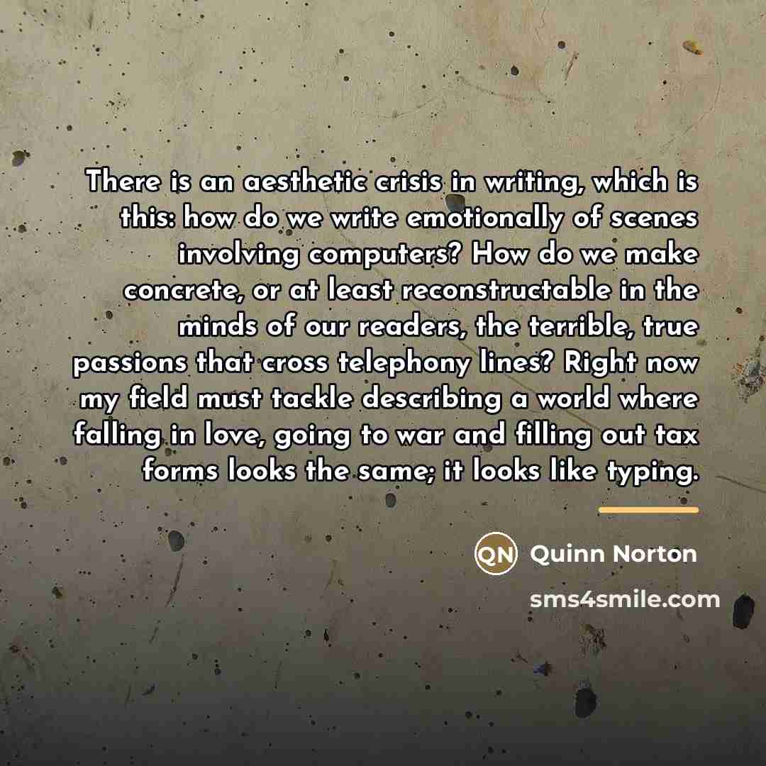 “There is an aesthetic crisis in writing, which is this:…” quote by Quinn Norton
