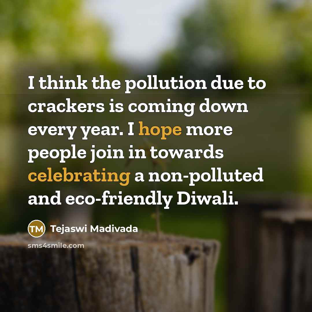 “I think the pollution due to crackers is coming down every year. I hope more people join in towards celebrating a non-polluted and eco-friendly Diwali.” quote by Tejaswi Madivada