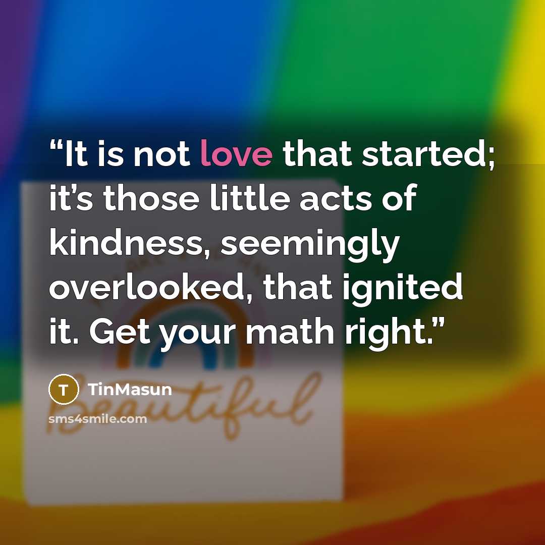 “It is not love that started; it’s those little acts of kindness, seemingly overlooked, that ignited it. Get your math right.” quote by TinMasun