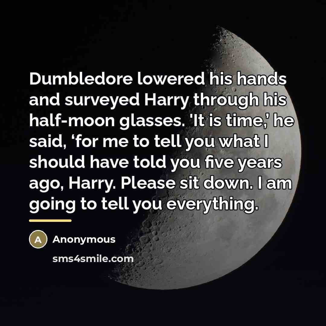 “Dumbledore lowered his hands and surveyed Harry through his half-moon…” quote by Anonymous