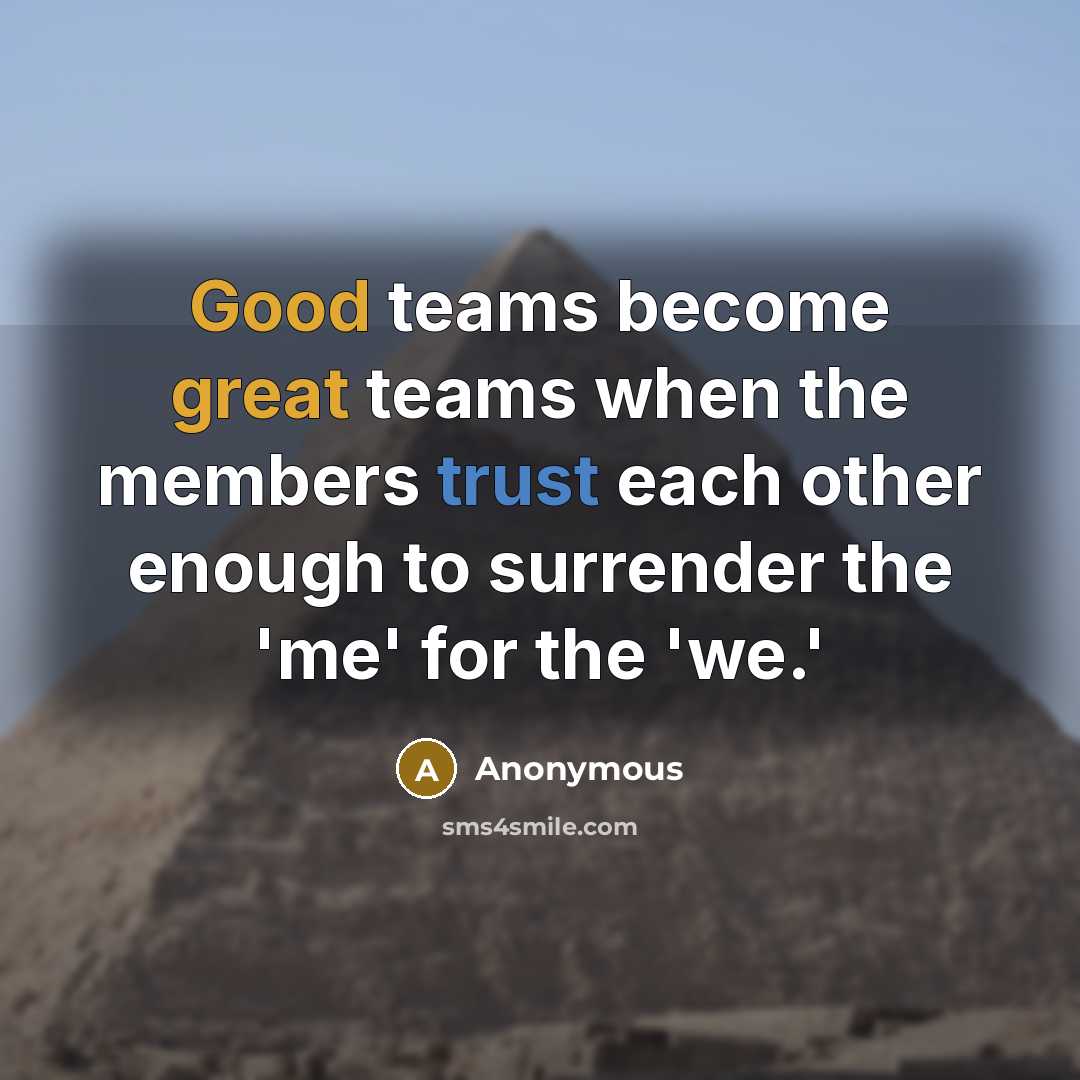 “Good teams become great teams when the members trust each other enough to surrender the 'me' for the 'we.'” quote by Anonymous