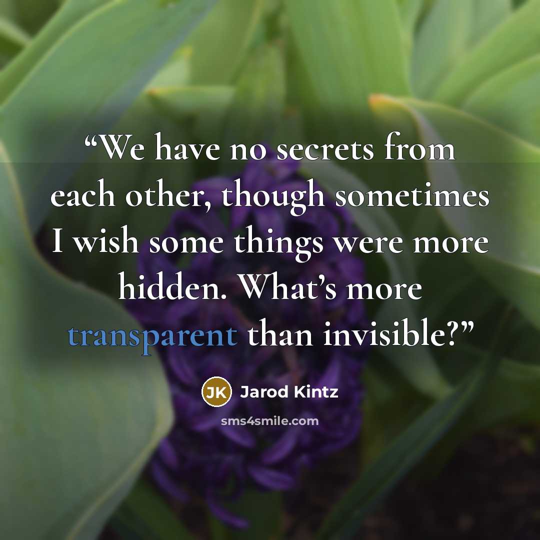 “We have no secrets from each other, though sometimes I wish some things were more hidden. What’s more transparent than invisible?” quote by Jarod Kintz