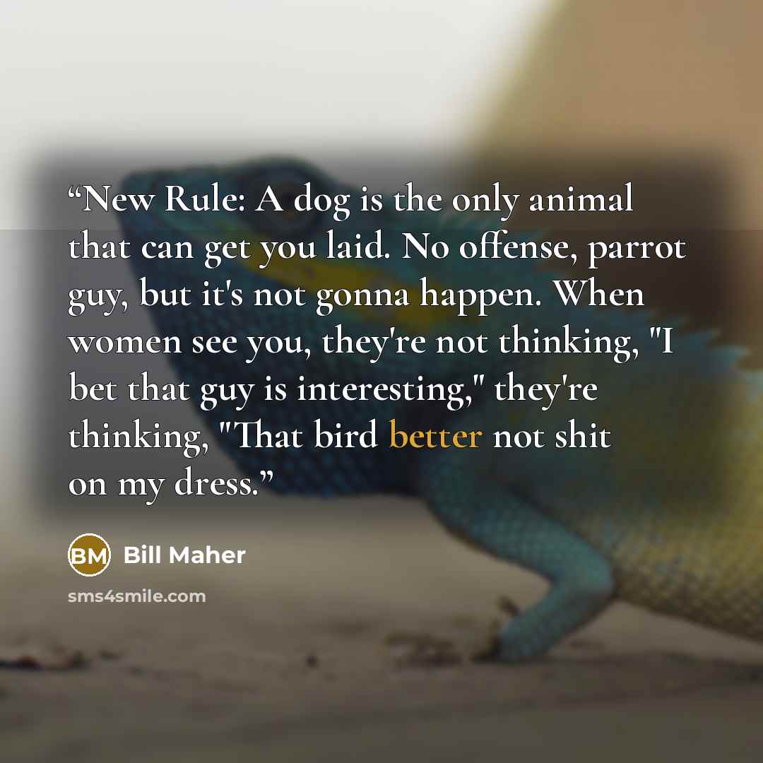 “New Rule: A dog is the only animal that can get you laid. No offense, parrot guy, but it's not gonna happen. When women see you, they're not thinking, "I bet that guy is interesting," they're thinking, "That bird better not shit on my dress.” quote by Bill Maher