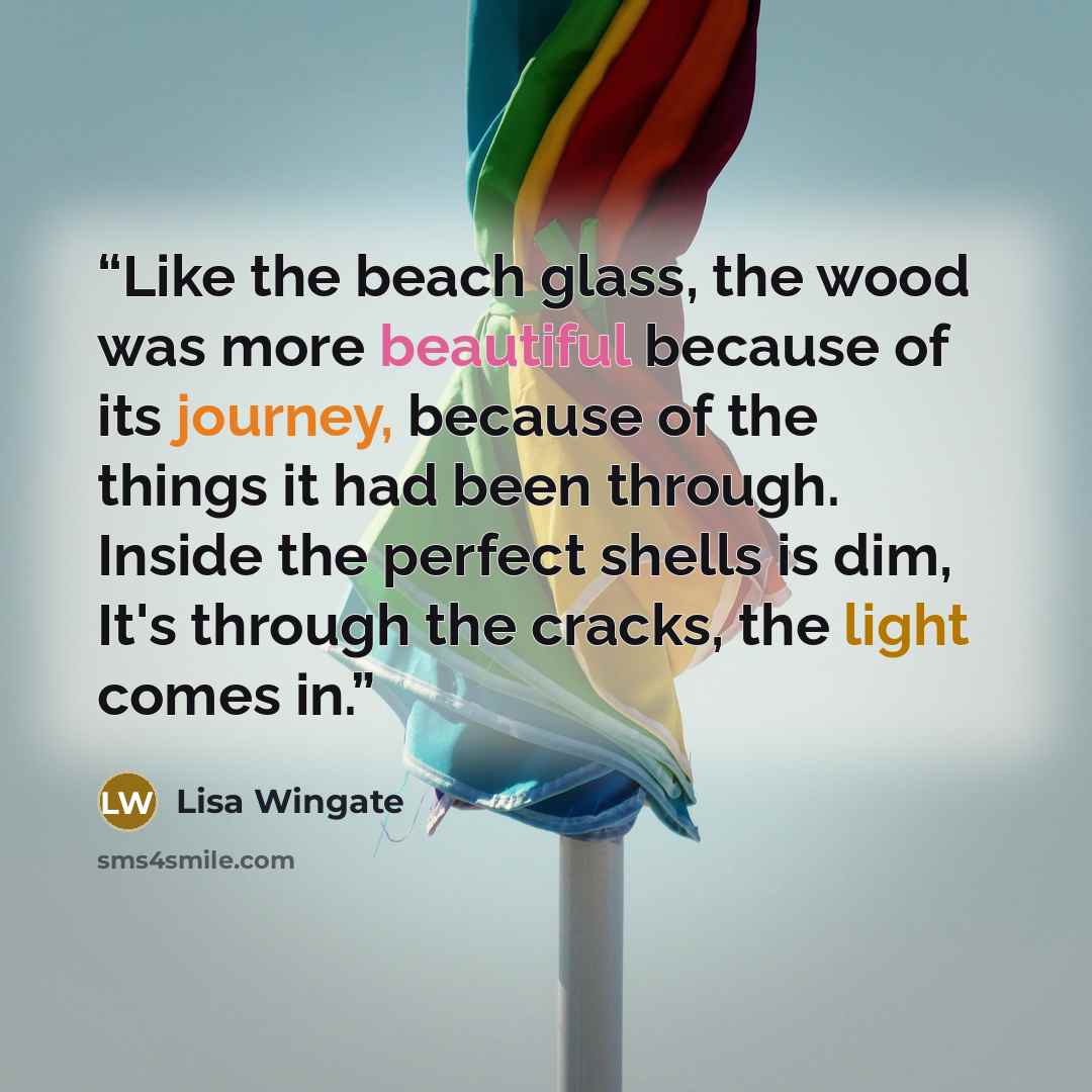 “Like the beach glass, the wood was more beautiful because of its journey, because of the things it had been through. Inside the perfect shells is dim, It's through the cracks, the light comes in.” quote by Lisa Wingate