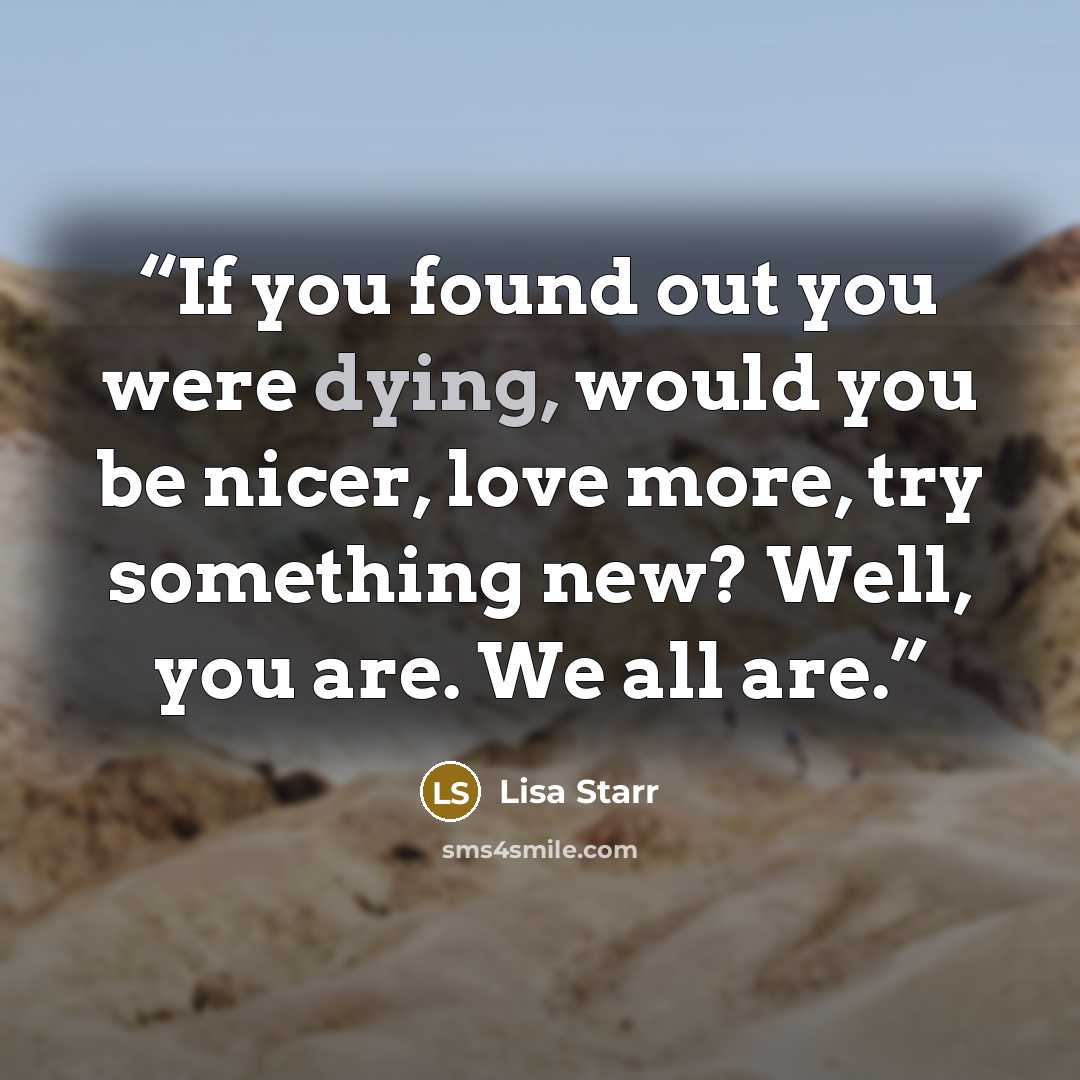 “If you found out you were dying, would you be nicer, love more, try something new? Well, you are. We all are.” quote by Lisa Starr