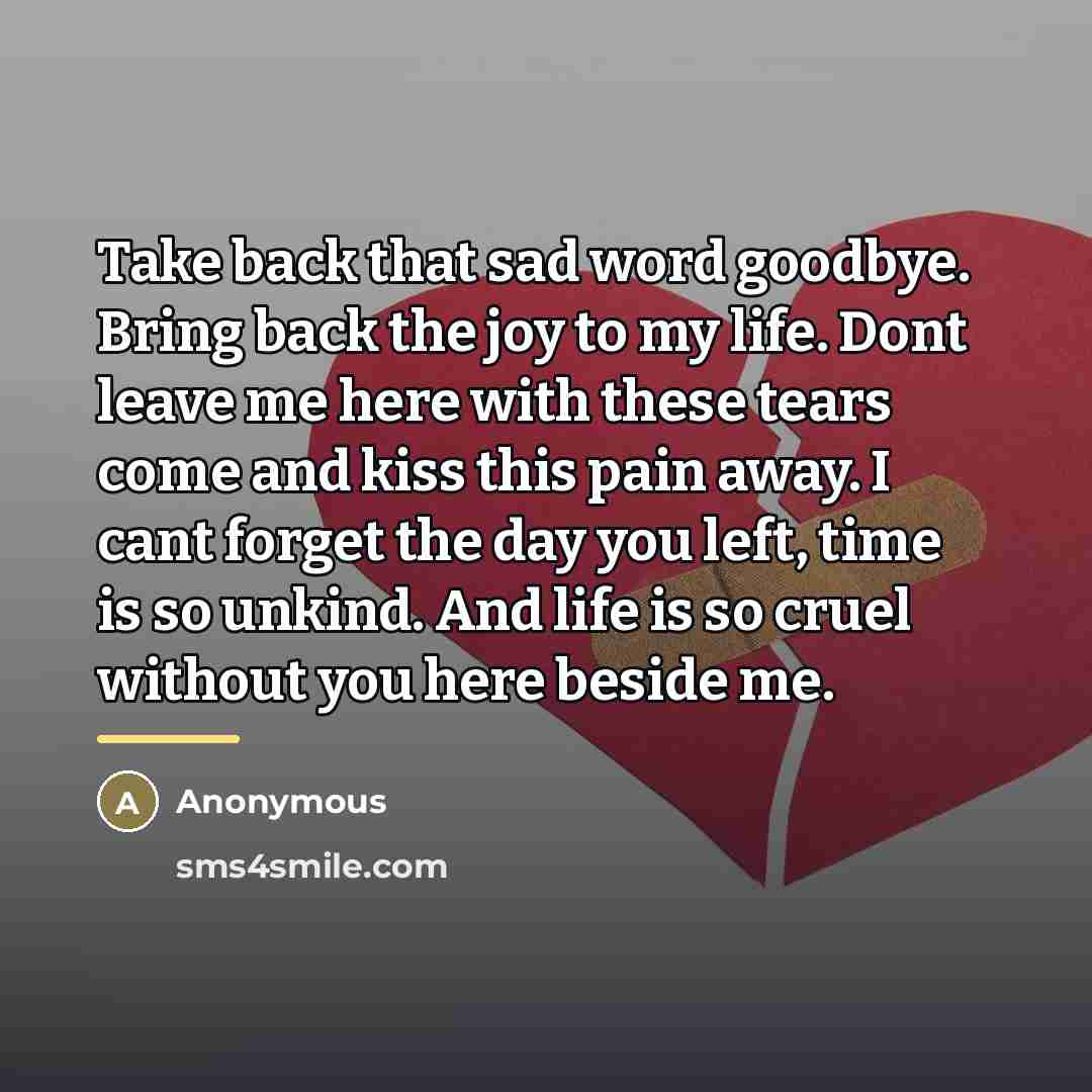 “Take back that sad word goodbye. Bring back the joy…” quote by Anonymous