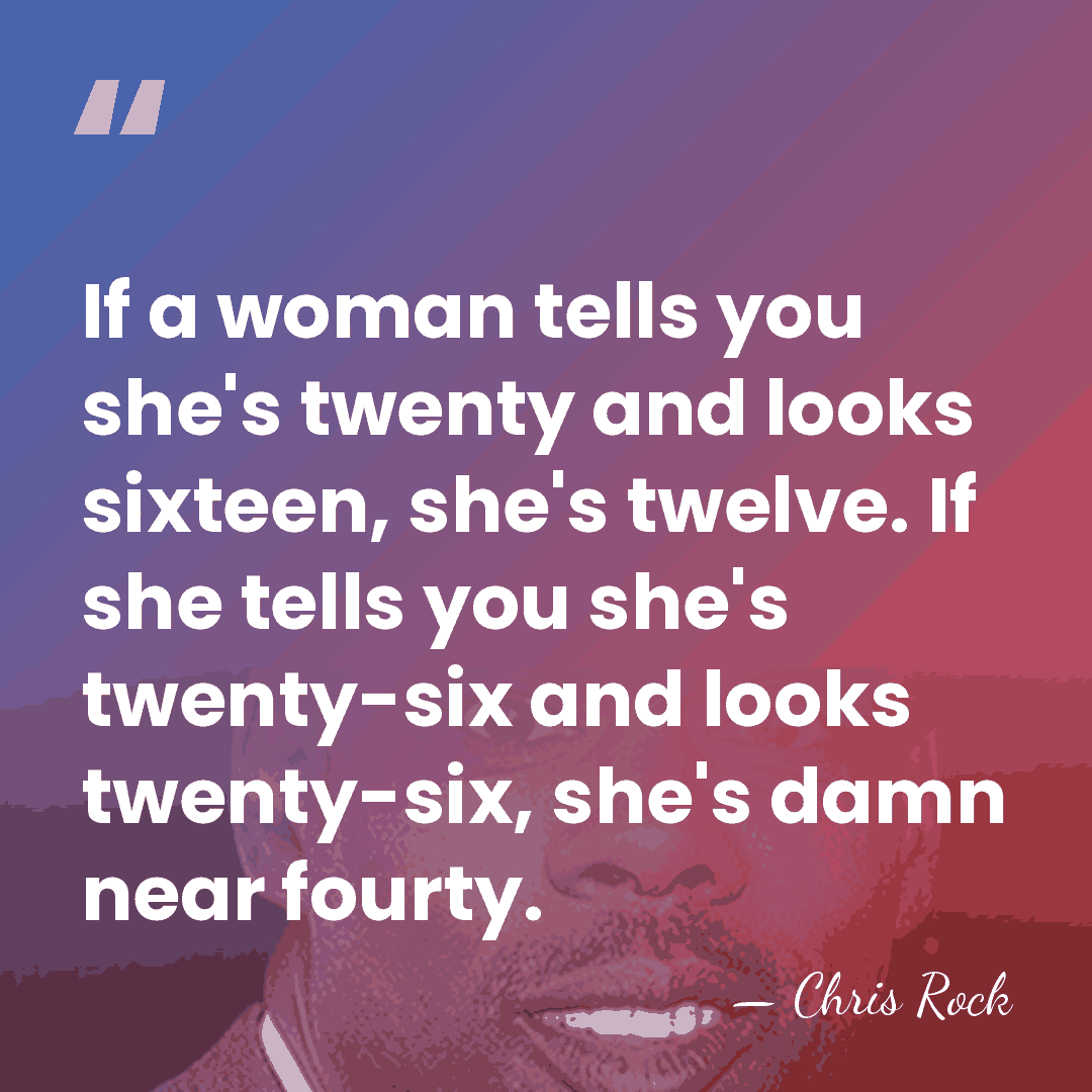 If a woman tells you she's twenty and looks sixteen, she's twelve.&hellip; - Chris Rock