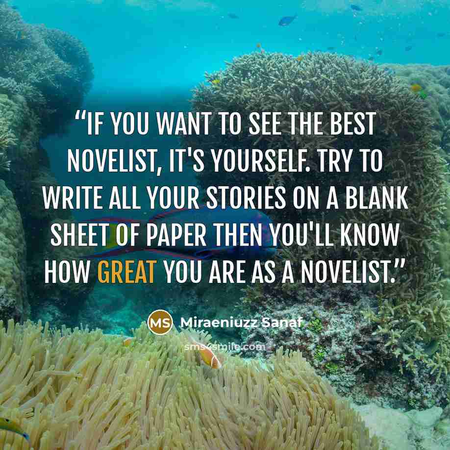 “If you want to see the best novelist, it's yourself. try to write all your stories on a blank sheet of paper then you'll know how great you are as a novelist.” quote by Miraeniuzz Sanaf