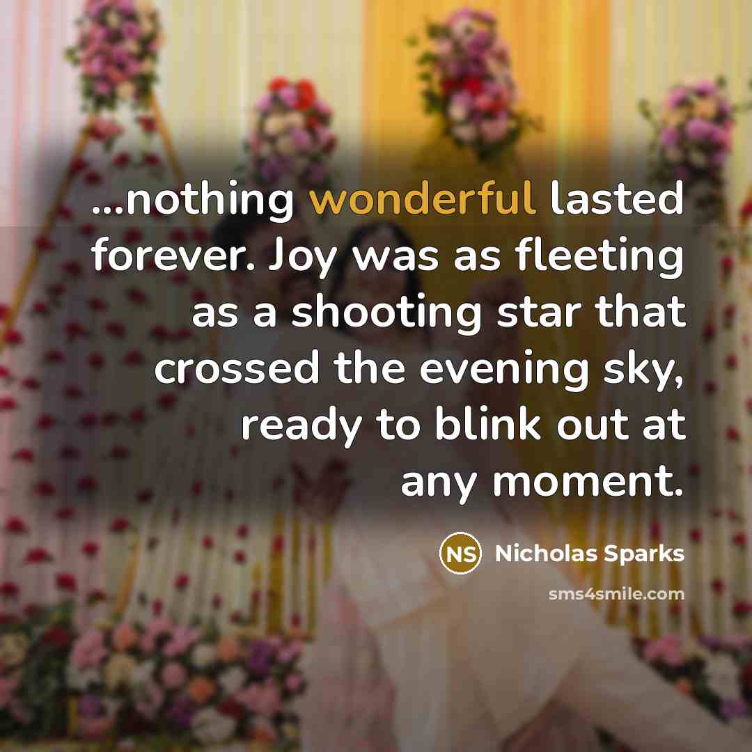 “...nothing wonderful lasted forever. Joy was as fleeting as a…” quote by Nicholas Sparks