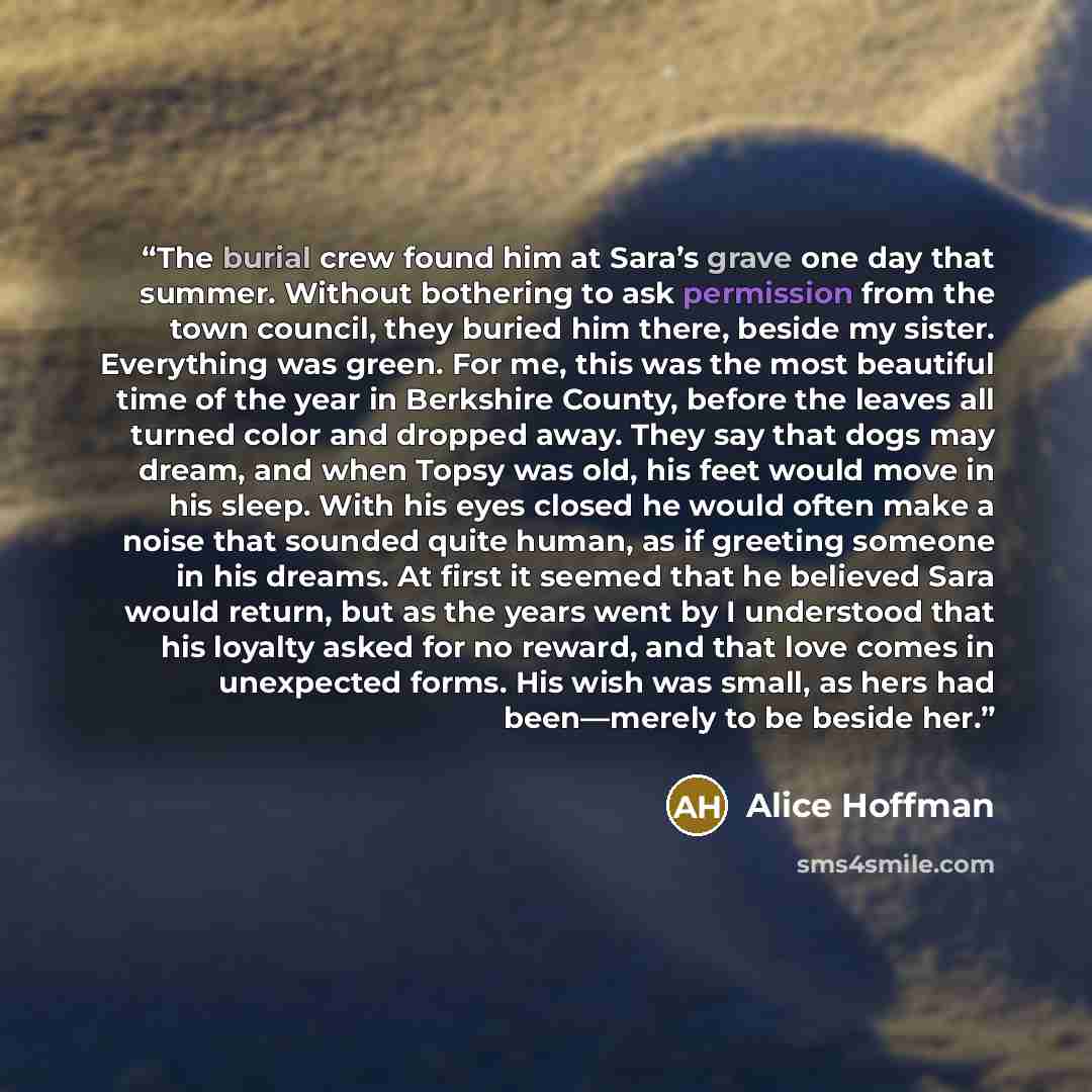“The burial crew found him at Sara’s grave one day that summer. Without bothering to ask permission from the town council, they buried him there, beside my sister. Everything was green. For me, this was the most beautiful time of the year in Berkshire County, before the leaves all turned color and…” quote by Alice Hoffman