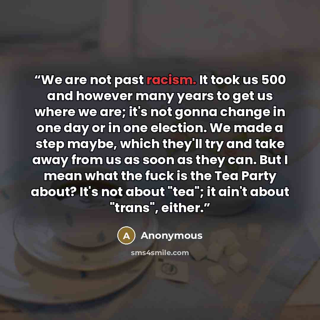 “We are not past racism. It took us 500 and however many years to get us where we are; it's not gonna change in one day or in one election. We made a step maybe, which they'll try and take away from us as soon as they can. But I mean what the fuck is the Tea Party about? It's not about "tea"; it…” quote by Anonymous