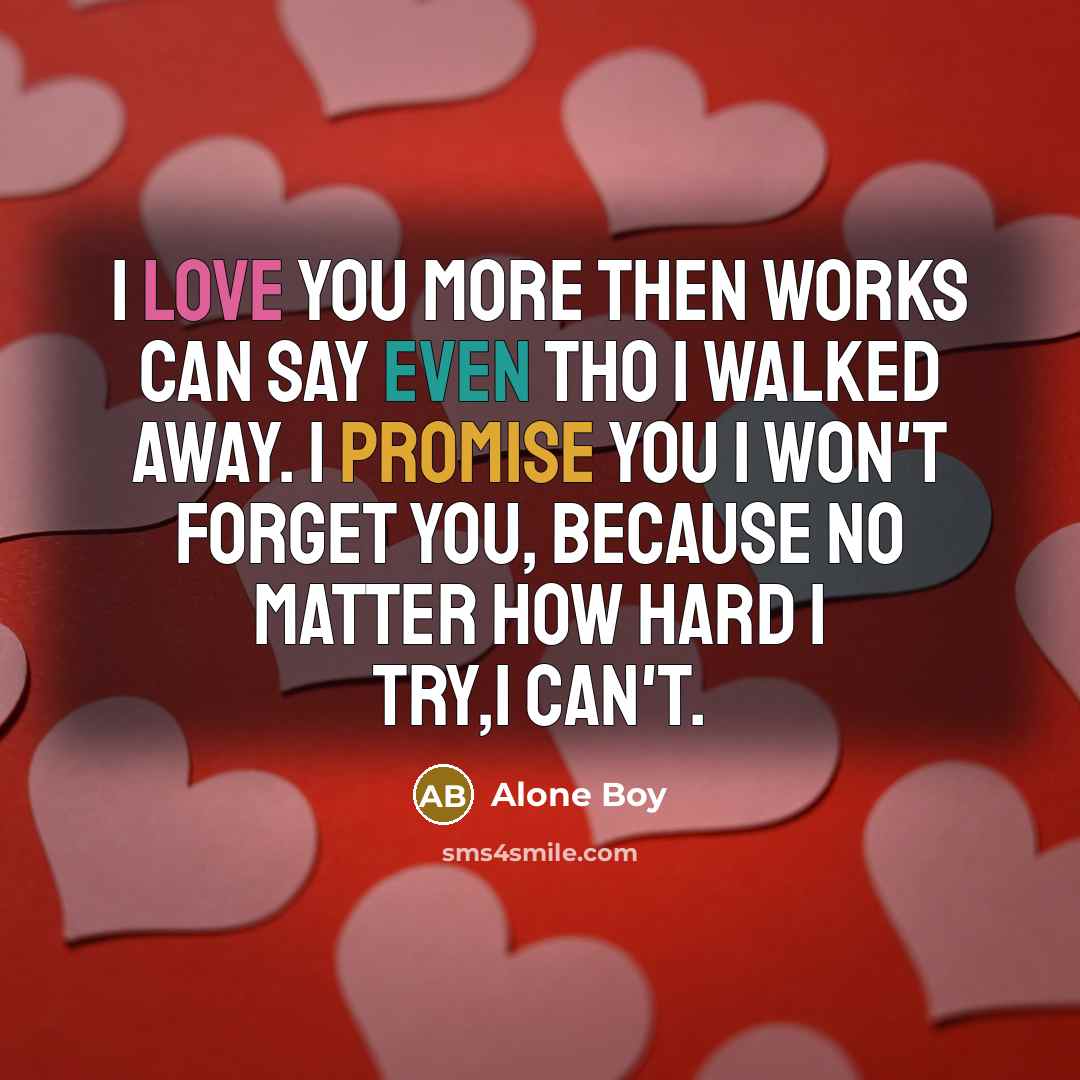 “I love you more then works can say even tho I walked away. I promise You I Won't Forget you, Because no matter how hard I try,I can't.” quote by Alone Boy