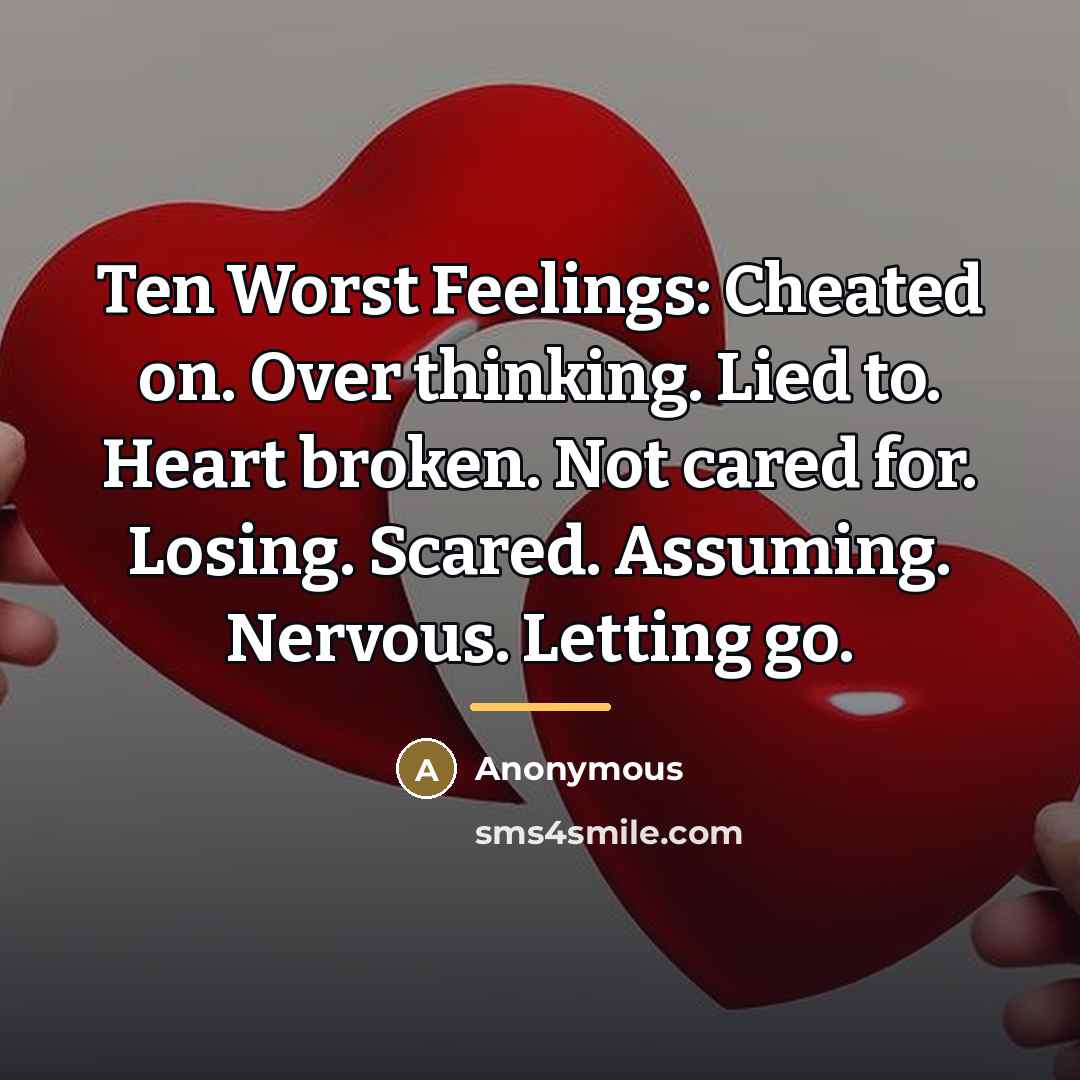 “Ten Worst Feelings: Cheated on. Over thinking. Lied to. Heart…” quote by Anonymous