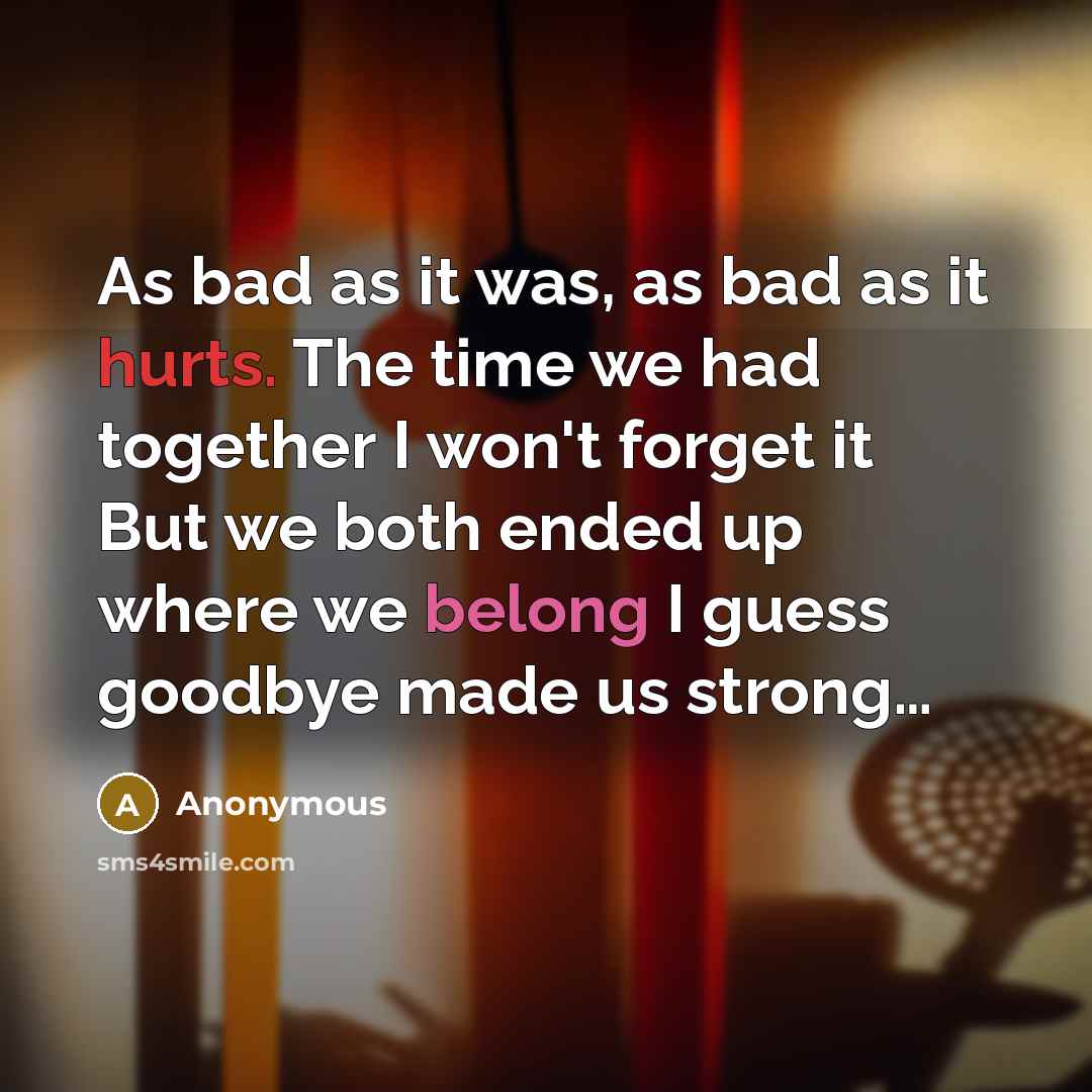 “As bad as it was, as bad as it hurts. The time we had together I won't forget it But we both ended up where we belong I guess goodbye made us strong…” quote by Anonymous
