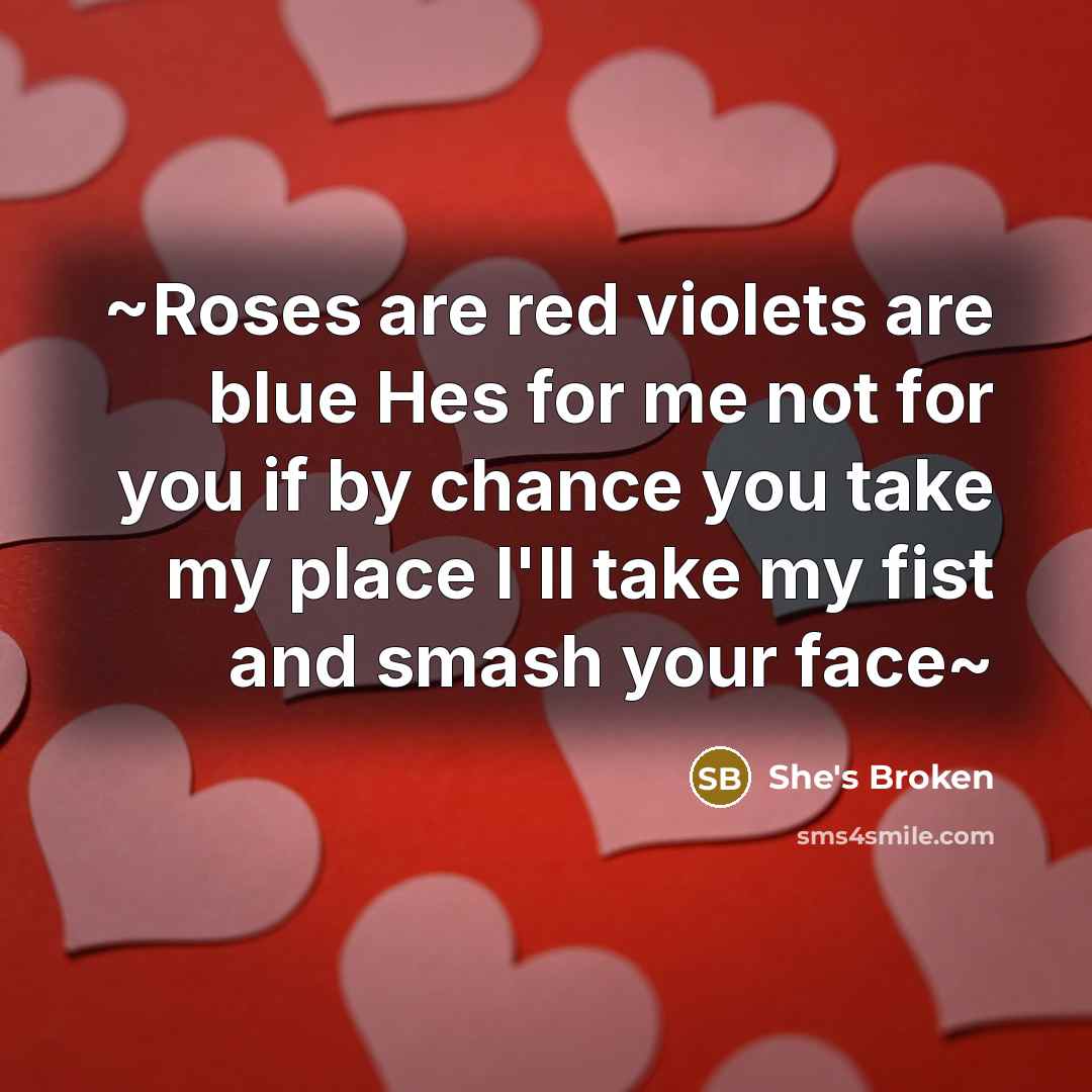 “~Roses are red violets are blue Hes for me not for you if by chance you take my place I'll take my fist and smash your face~” quote by She's Broken