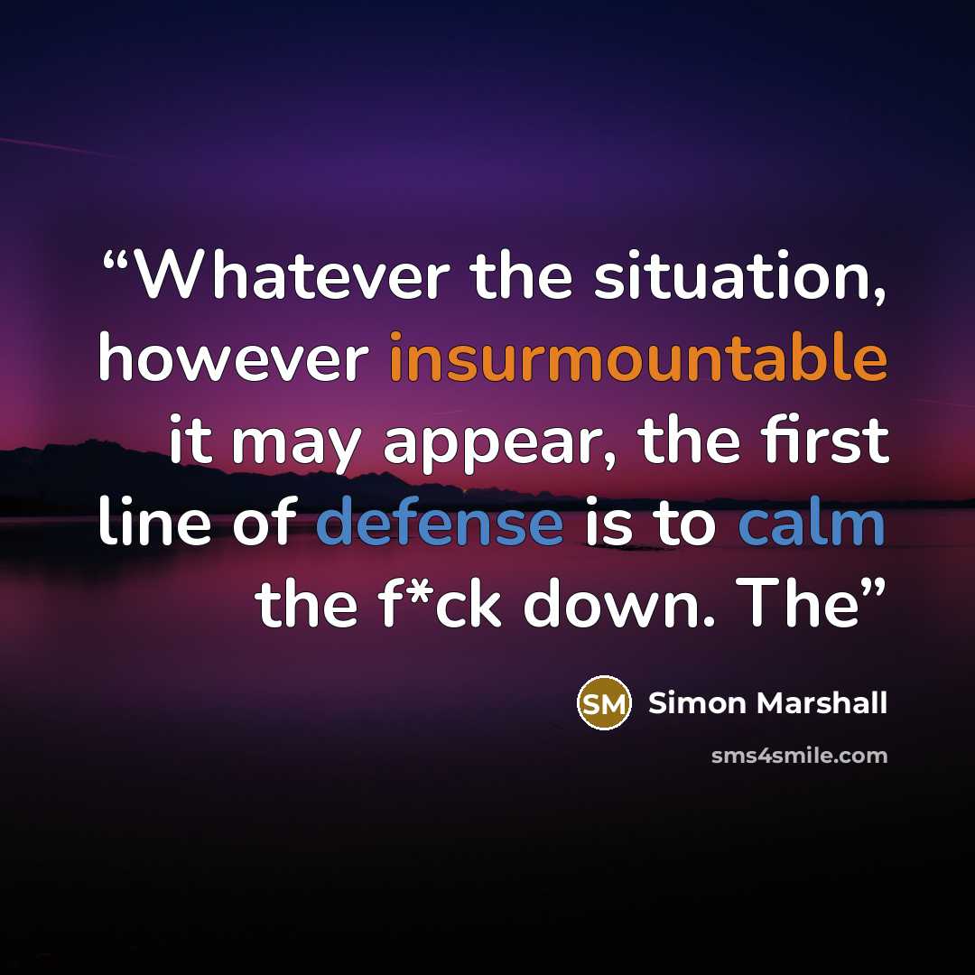 “Whatever the situation, however insurmountable it may appear, the first line of defense is to calm the f*ck down. The” quote by Simon Marshall