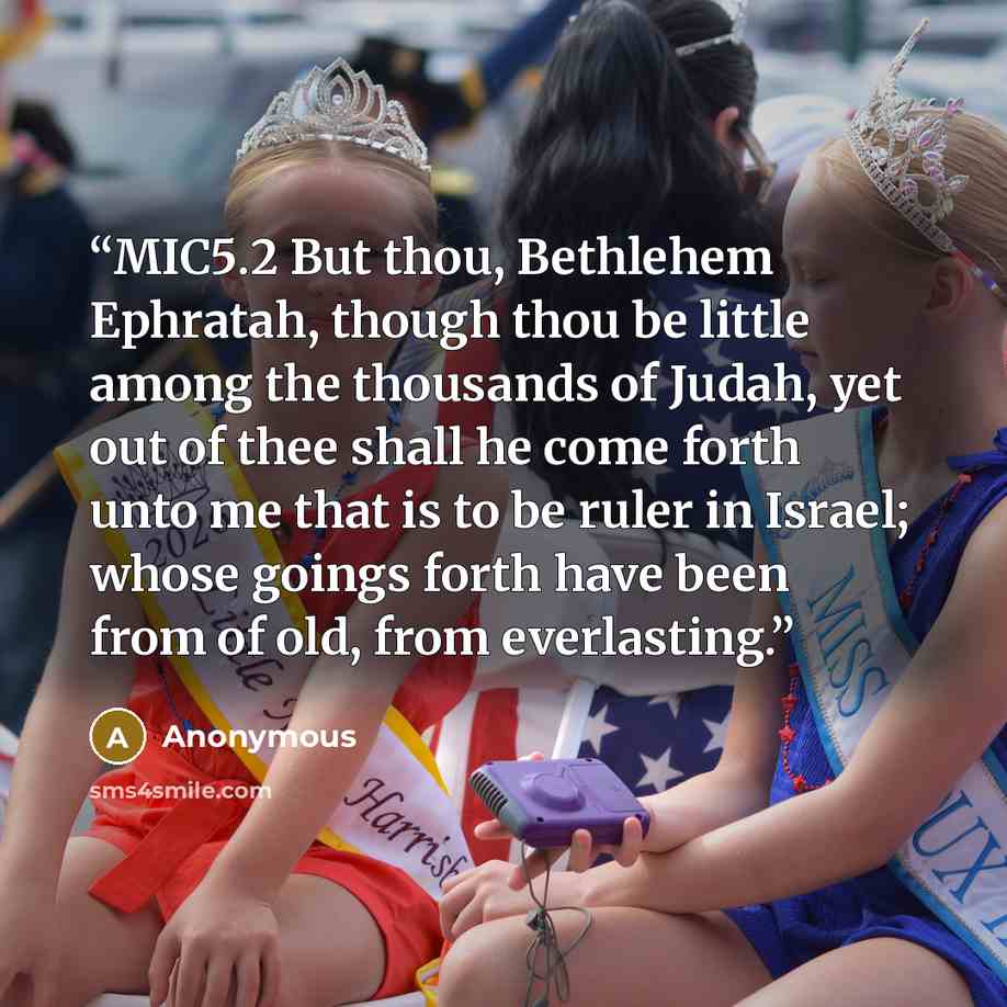 “MIC5.2 But thou, Bethlehem Ephratah, though thou be little among the thousands of Judah, yet out of thee shall he come forth unto me that is to be ruler in Israel; whose goings forth have been from of old, from everlasting.” quote by Anonymous