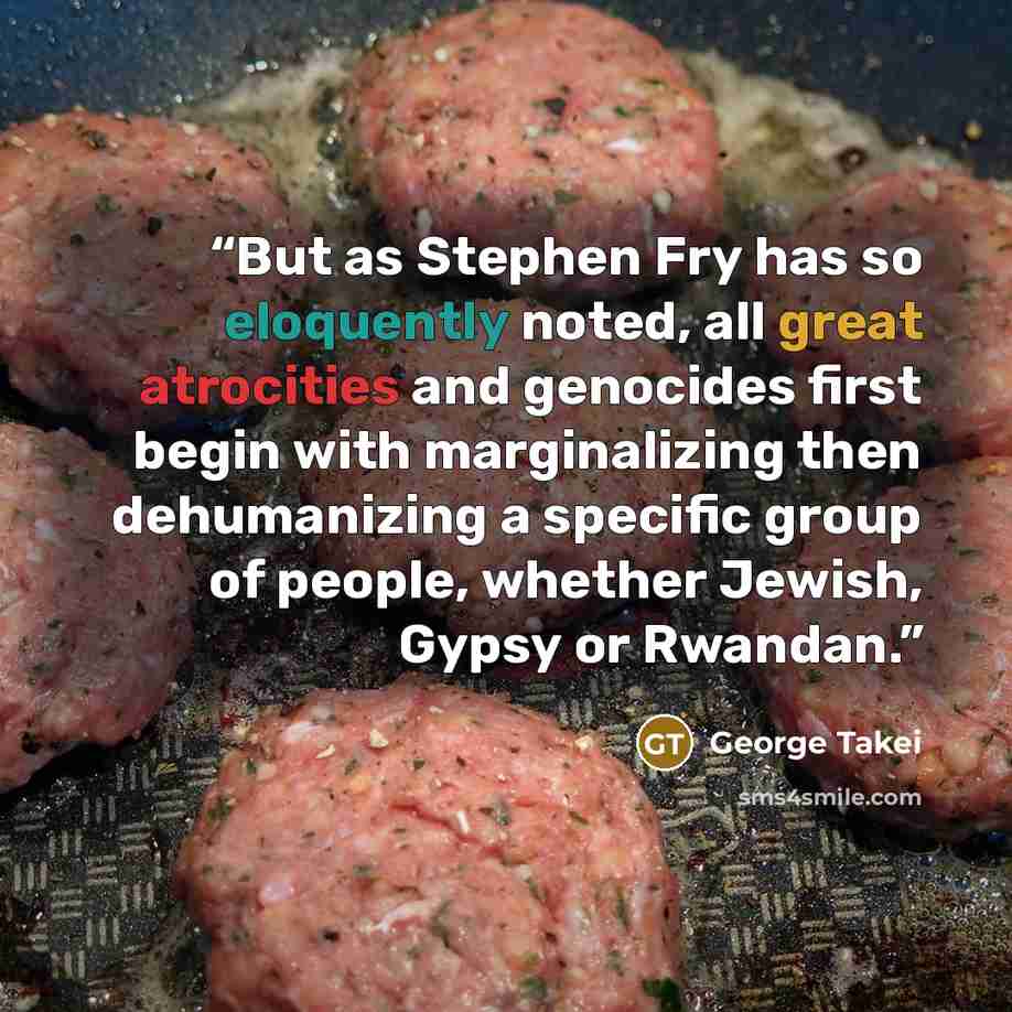 “But as Stephen Fry has so eloquently noted, all great atrocities and genocides first begin with marginalizing then dehumanizing a specific group of people, whether Jewish, Gypsy or Rwandan.” quote by George Takei