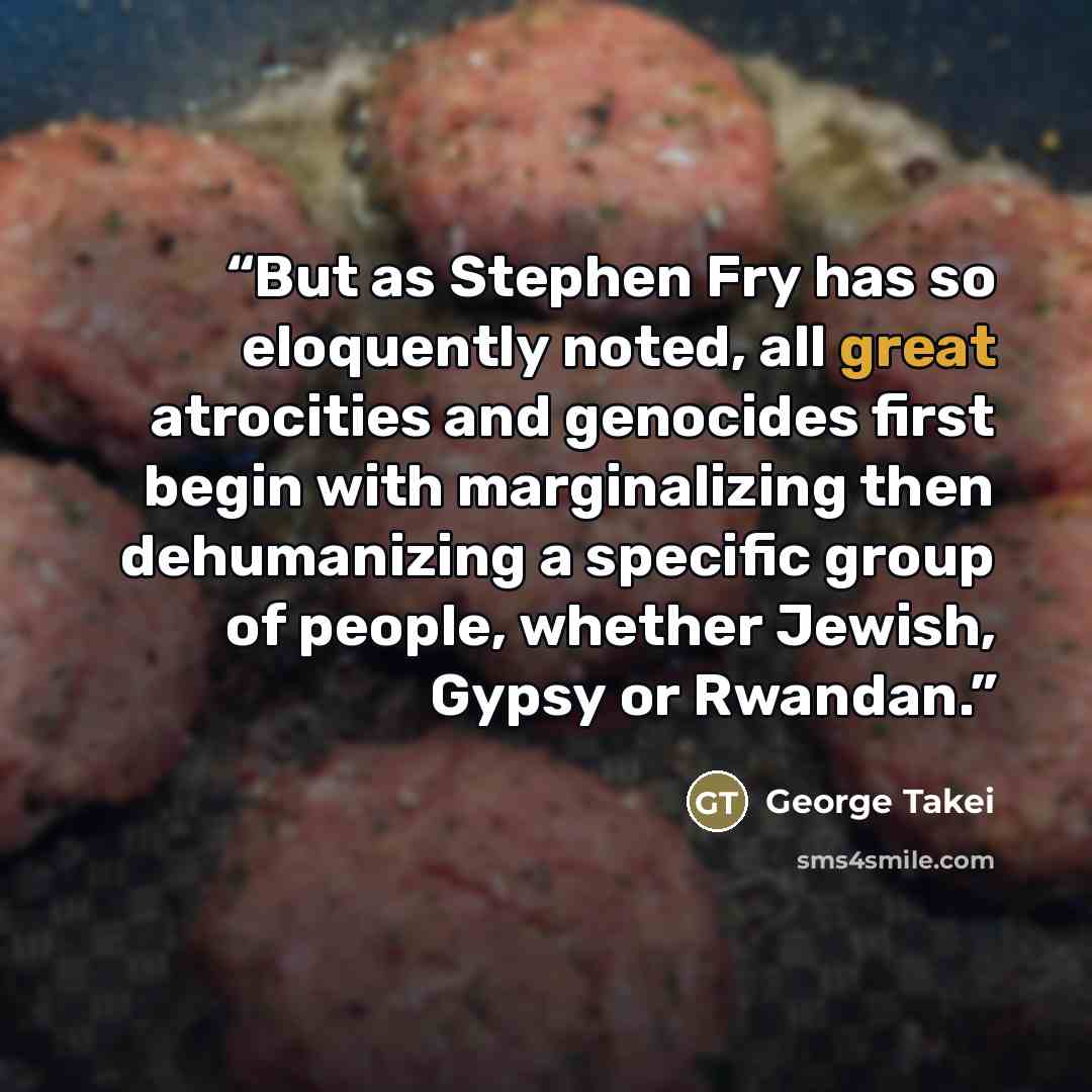 “But as Stephen Fry has so eloquently noted, all great atrocities and genocides first begin with marginalizing then dehumanizing a specific group of people, whether Jewish, Gypsy or Rwandan.” quote by George Takei