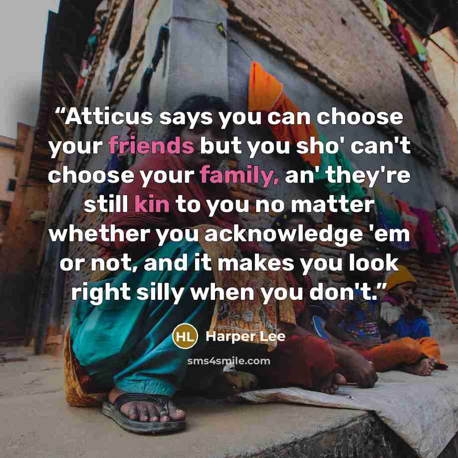 “Atticus says you can choose your friends but you sho' can't choose your family, an' they're still kin to you no matter whether you acknowledge 'em or not, and it makes you look right silly when you don't.” quote by Harper Lee