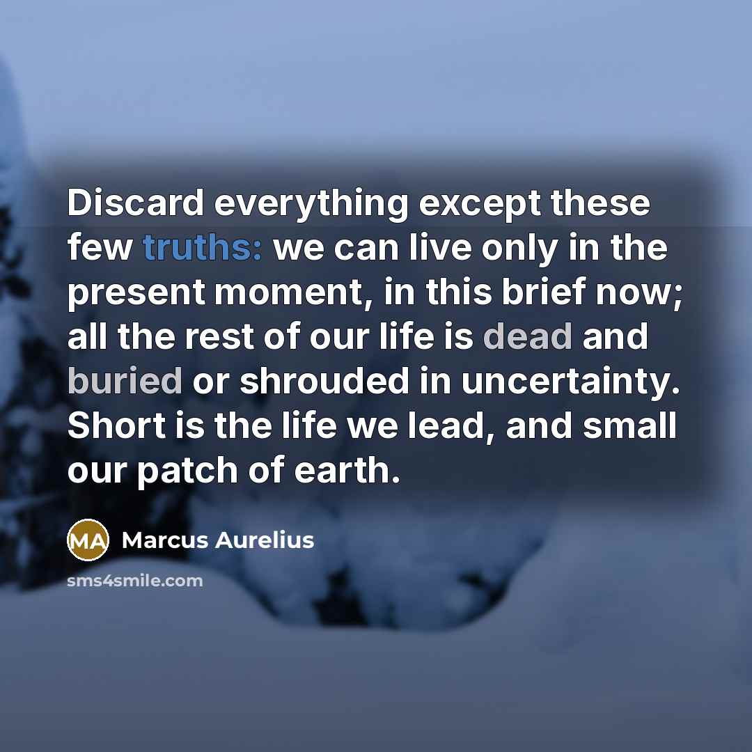 “Discard everything except these few truths: we can live only in the present moment, in this brief now; all the rest of our life is dead and buried or shrouded in uncertainty. Short is the life we lead, and small our patch of earth.” quote by Marcus Aurelius