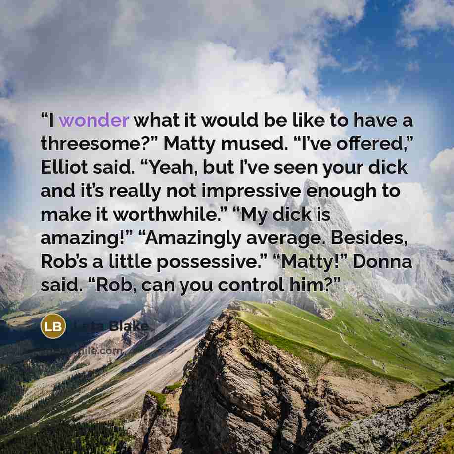 “I wonder what it would be like to have a threesome?” Matty mused. “I’ve offered,” Elliot said. “Yeah, but I’ve seen your dick and it’s really not impressive enough to make it worthwhile.” “My dick is amazing!” “Amazingly average. Besides, Rob’s a little possessive.” “Matty!” Donna said. “Rob, can…” quote by leta blake