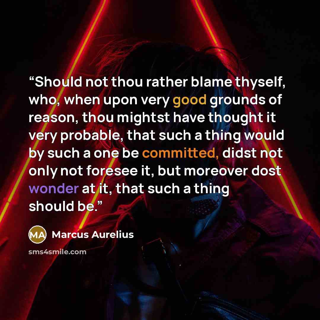 “Should not thou rather blame thyself, who, when upon very good grounds of reason, thou mightst have thought it very probable, that such a thing would by such a one be committed, didst not only not foresee it, but moreover dost wonder at it, that such a thing should be.” quote by Marcus Aurelius