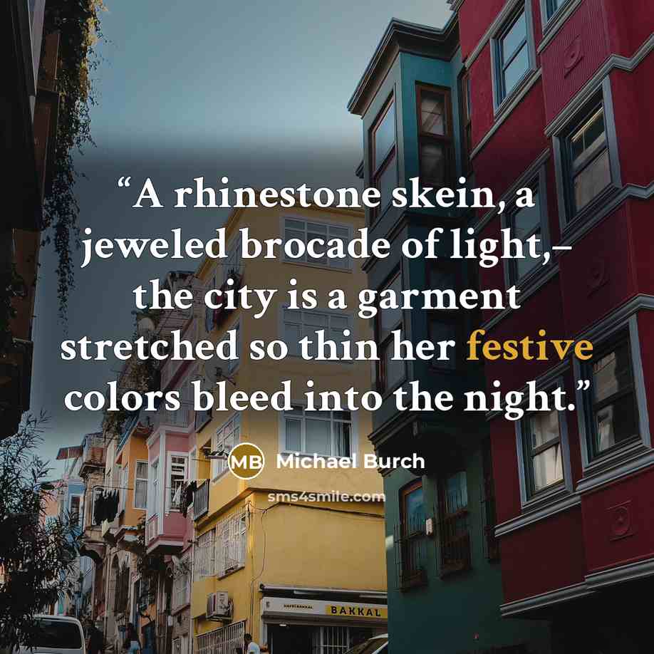 “A rhinestone skein, a jeweled brocade of light,– the city is a garment stretched so thin her festive colors bleed into the night.” quote by Michael Burch