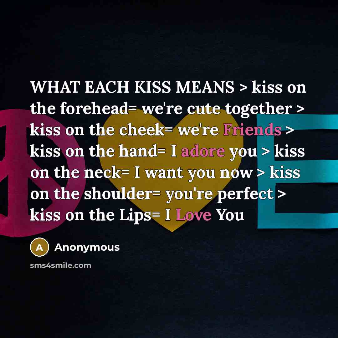 “WHAT EACH KISS MEANS > kiss on the forehead= we're cute together > kiss on the cheek= we're Friends > kiss on the hand= I adore you > kiss on the neck= I want you now > kiss on the shoulder= you're perfect > kiss on the Lips= I Love You” quote by Anonymous
