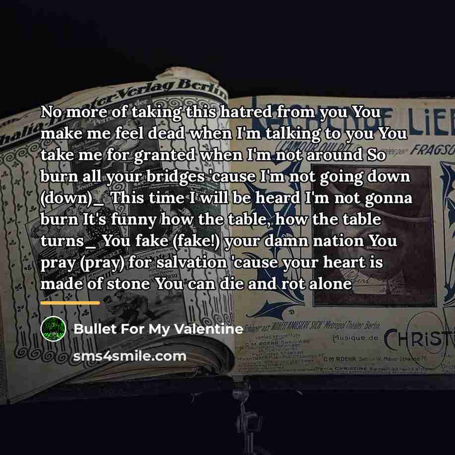 “No more of taking this hatred from you You make…” quote by Bullet For My Valentine