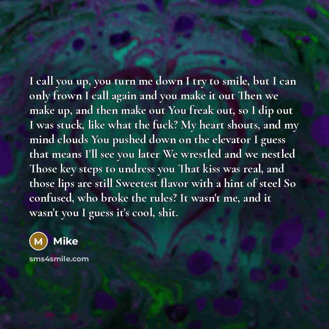 “I call you up, you turn me down I try to smile, but I can only frown I call again and you make it out Then we make up, and then make out You freak out, so I dip out I was stuck, like what the fuck? My heart shouts, and my mind clouds You pushed down on the elevator I guess that means I'll see you…” quote by Mike