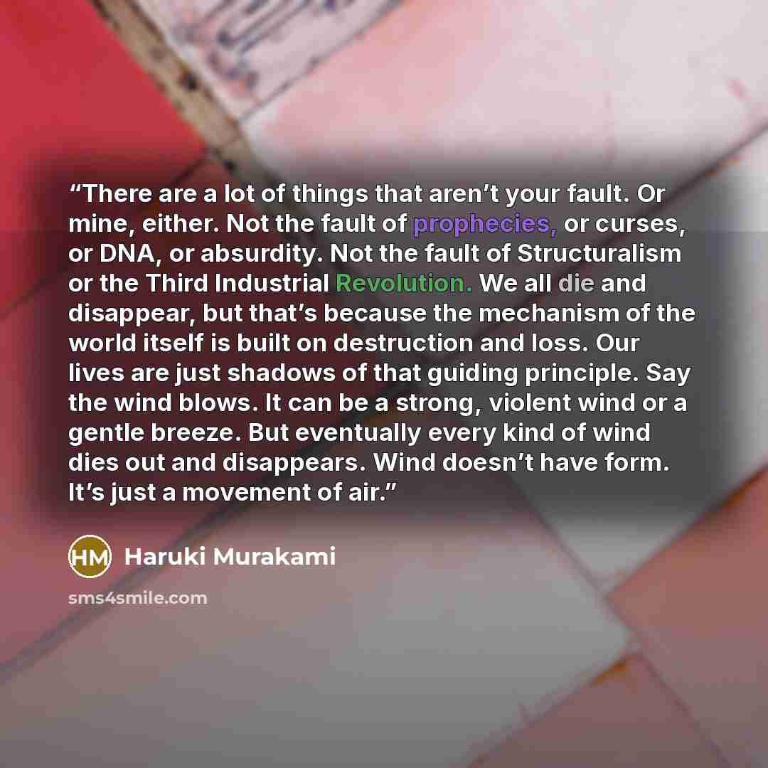 “There are a lot of things that aren’t your fault. Or mine, either. Not the fault of prophecies, or curses, or DNA, or absurdity. Not the fault of Structuralism or the Third Industrial Revolution. We all die and disappear, but that’s because the mechanism of the world itself is built on destruction…” quote by Haruki Murakami