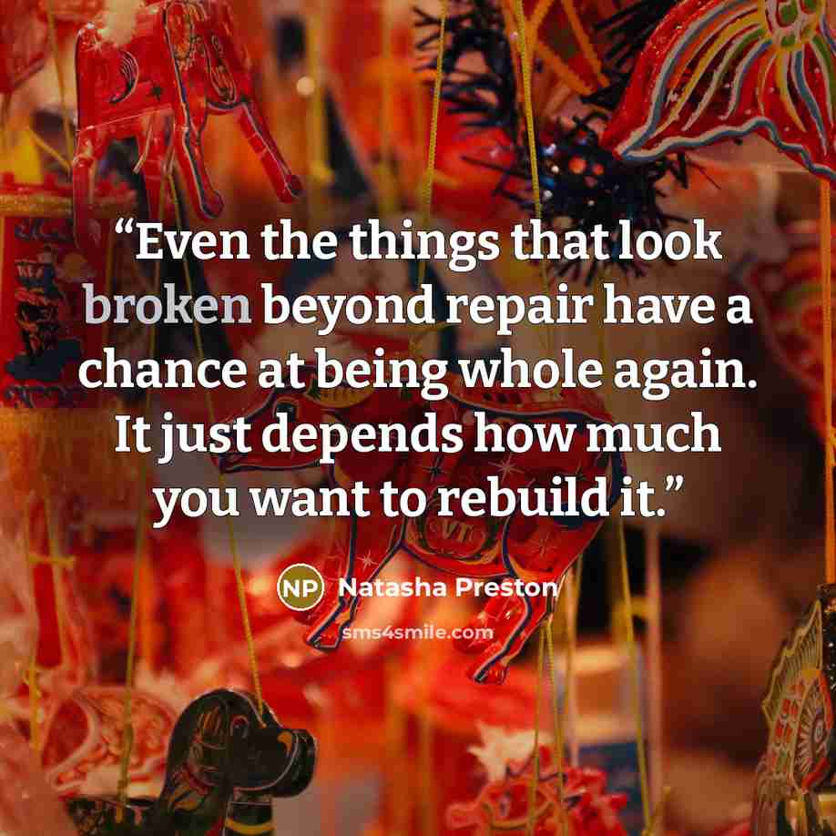“Even the things that look broken beyond repair have a chance at being whole again. It just depends how much you want to rebuild it.” quote by Natasha Preston
