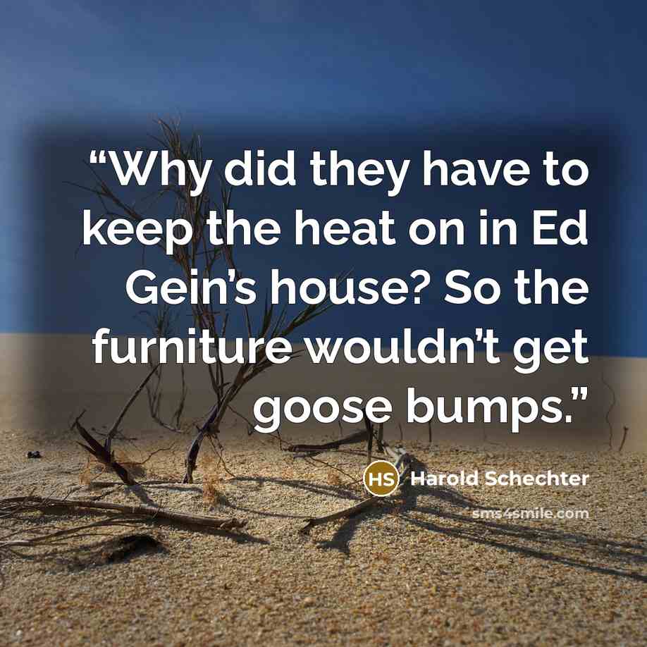 “Why did they have to keep the heat on in Ed Gein’s house? So the furniture wouldn’t get goose bumps.” quote by Harold Schechter