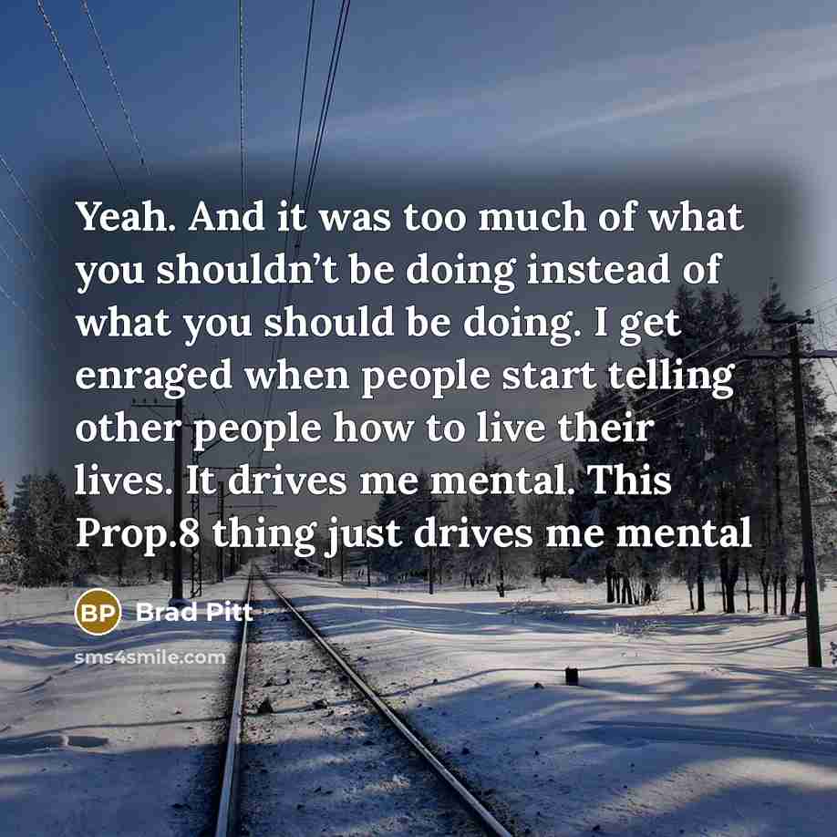 “Yeah. And it was too much of what you shouldn’t be doing instead of what you should be doing. I get enraged when people start telling other people how to live their lives. It drives me mental. This Prop.8 thing just drives me mental” quote by Brad Pitt