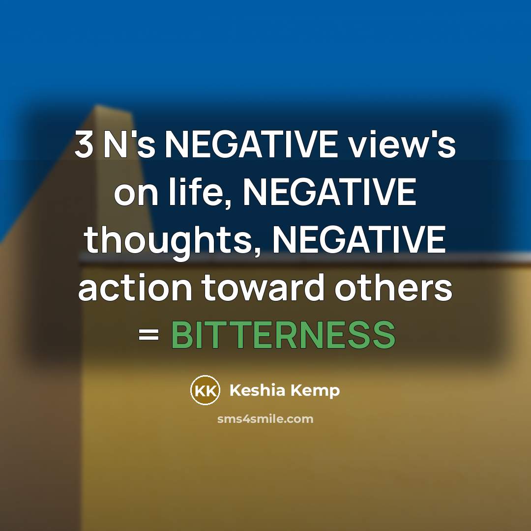 “3 N's NEGATIVE view's on life, NEGATIVE thoughts, NEGATIVE action toward others = BITTERNESS” quote by Keshia Kemp