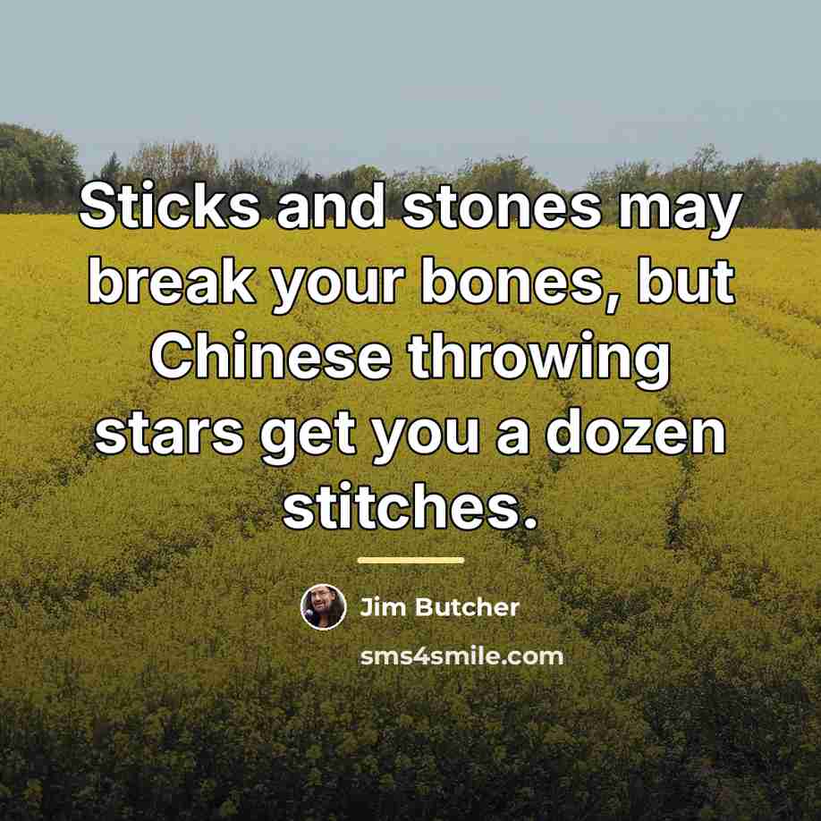“Sticks and stones may break your bones, but Chinese throwing…” quote by Jim Butcher