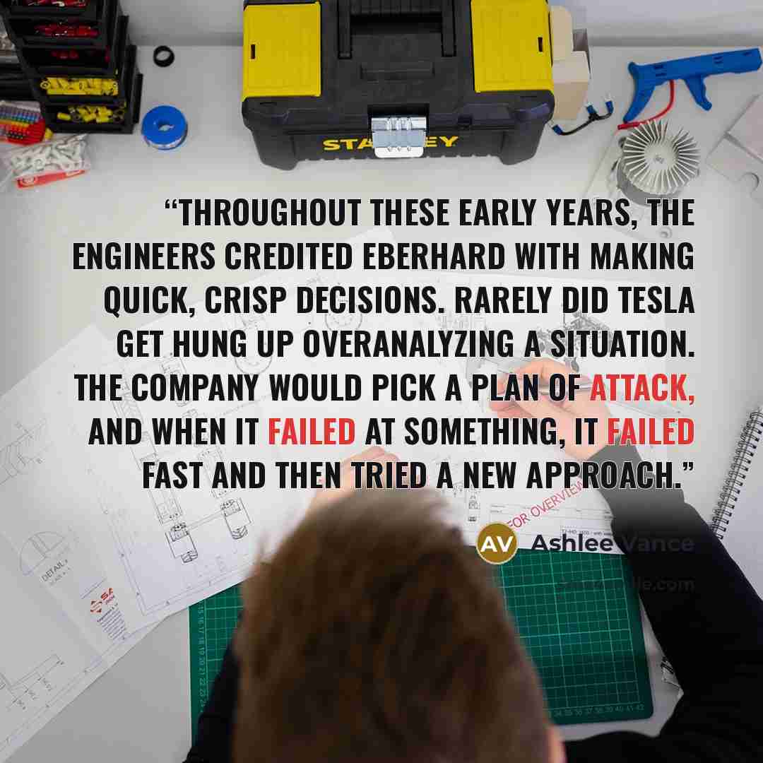 “Throughout these early years, the engineers credited Eberhard with making quick, crisp decisions. Rarely did Tesla get hung up overanalyzing a situation. The company would pick a plan of attack, and when it failed at something, it failed fast and then tried a new approach.” quote by Ashlee Vance
