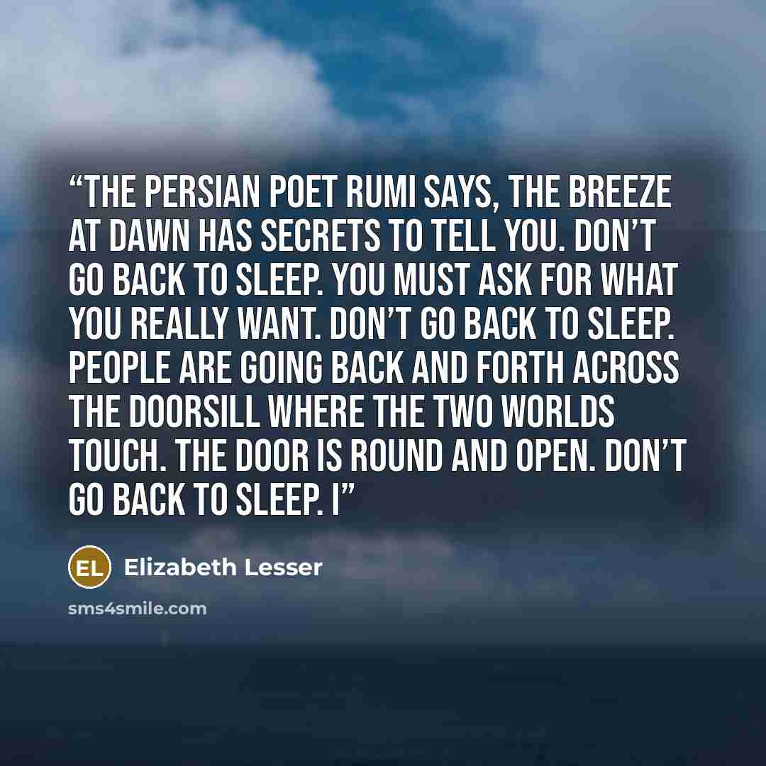 “The Persian poet Rumi says, The breeze at dawn has secrets to tell you. Don’t go back to sleep. You must ask for what you really want. Don’t go back to sleep. People are going back and forth across the doorsill where the two worlds touch. The door is round and open. Don’t go back to sleep. I” quote by Elizabeth Lesser