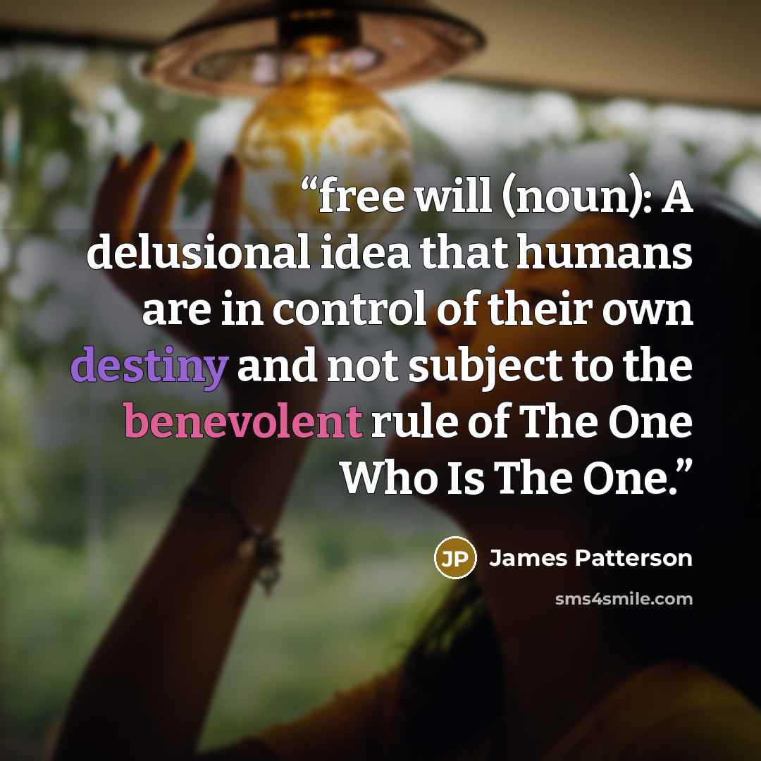 “free will (noun): A delusional idea that humans are in control of their own destiny and not subject to the benevolent rule of The One Who Is The One.” quote by James Patterson
