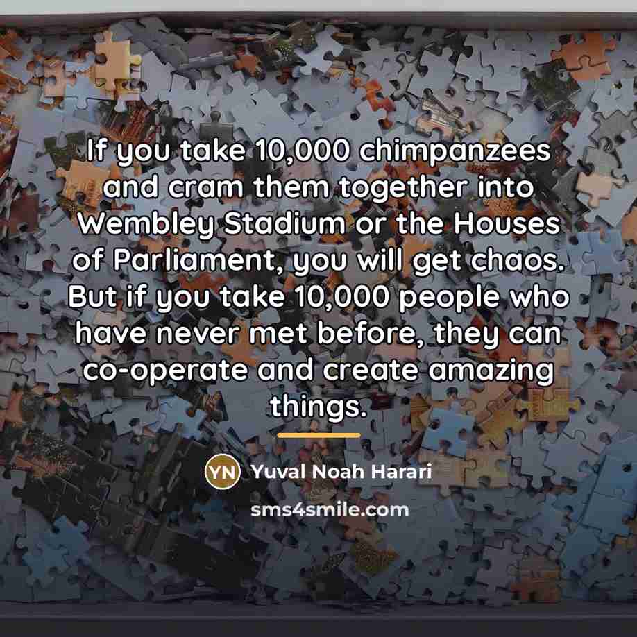 “If you take 10,000 chimpanzees and cram them together into…” quote by Yuval Noah Harari