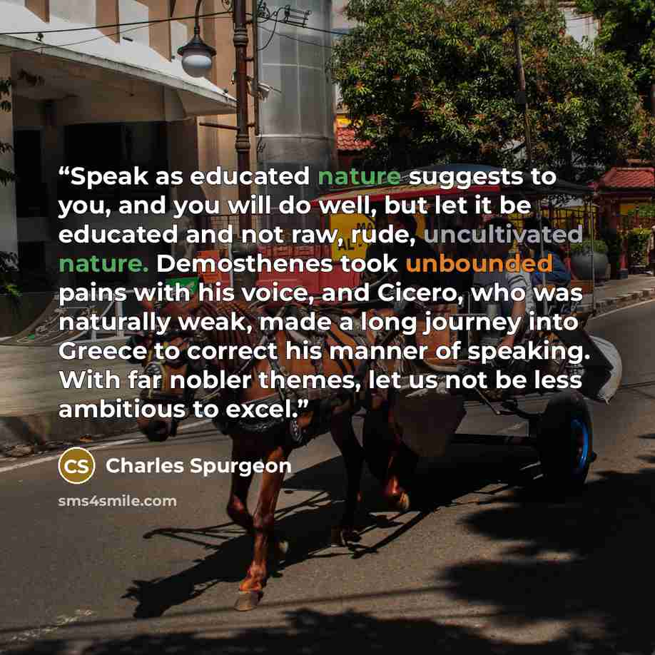 “Speak as educated nature suggests to you, and you will do well, but let it be educated and not raw, rude, uncultivated nature. Demosthenes took unbounded pains with his voice, and Cicero, who was naturally weak, made a long journey into Greece to correct his manner of speaking. With far nobler…” quote by Charles Spurgeon