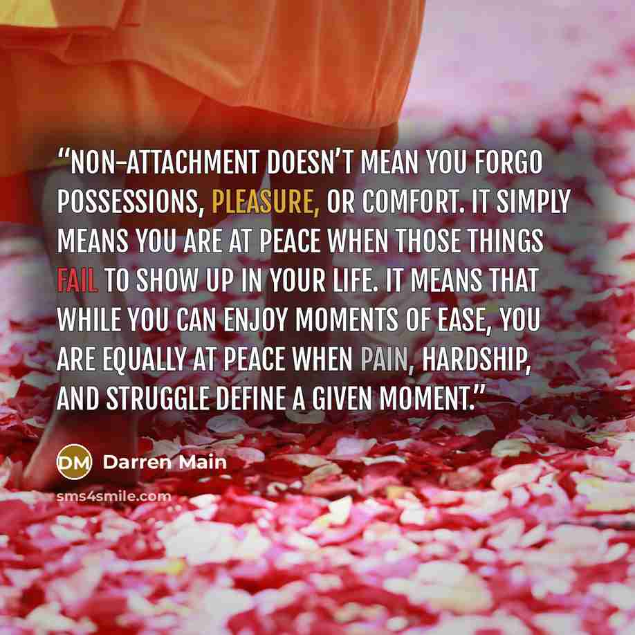 “Non-attachment doesn’t mean you forgo possessions, pleasure, or comfort. It simply means you are at peace when those things fail to show up in your life. It means that while you can enjoy moments of ease, you are equally at peace when pain, hardship, and struggle define a given moment.” quote by Darren Main