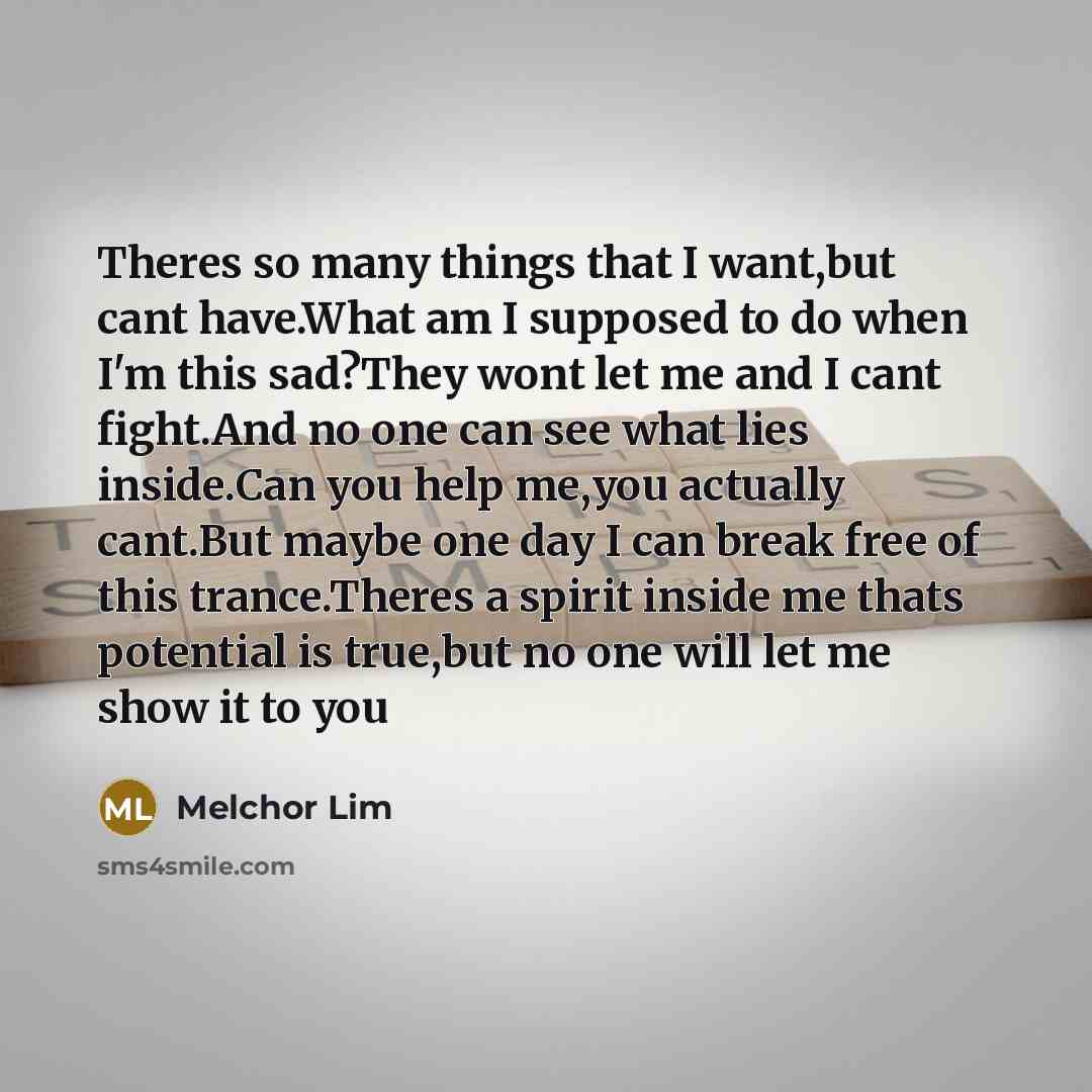 “Theres so many things that I want,but cant have.What am…” quote by Melchor Lim
