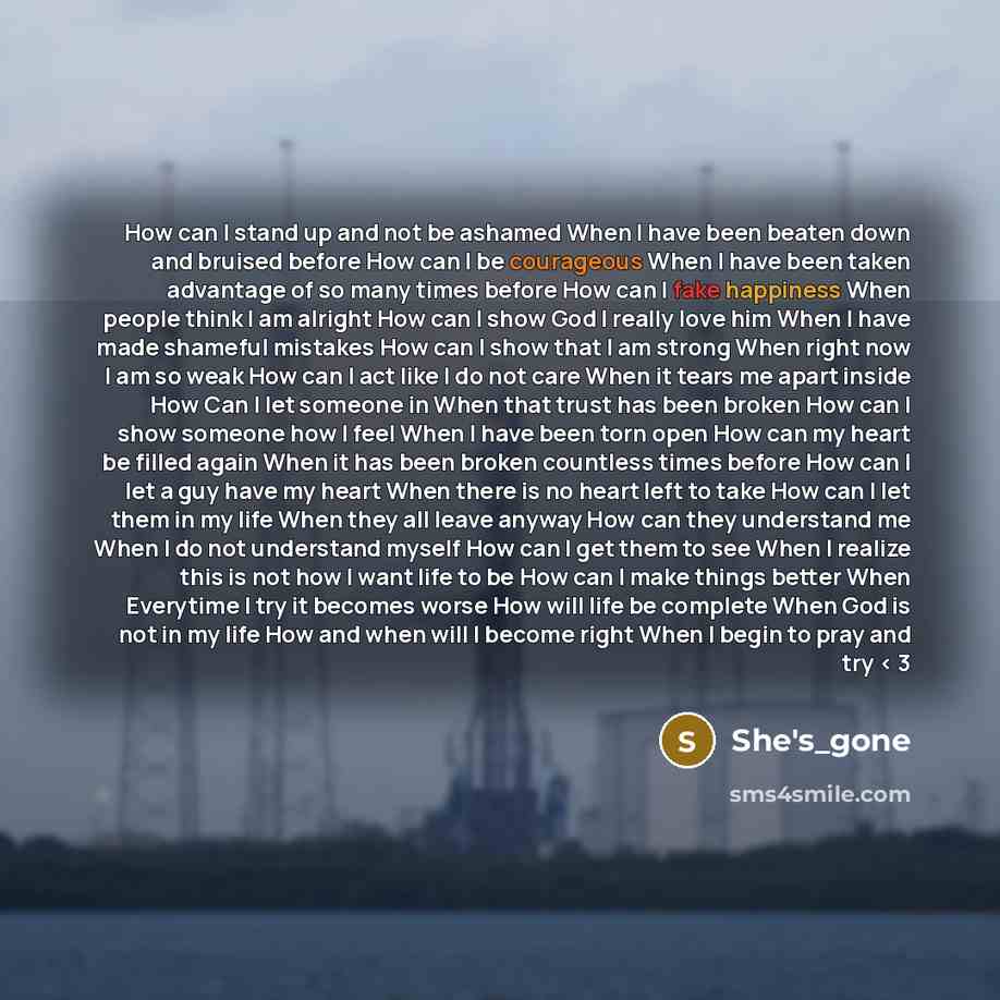 “How can I stand up and not be ashamed When I have been beaten down and bruised before How can I be courageous When I have been taken advantage of so many times before How can I fake happiness When people think I am alright How can I show God I really love him When I have made shameful mistakes How…” quote by She's_gone