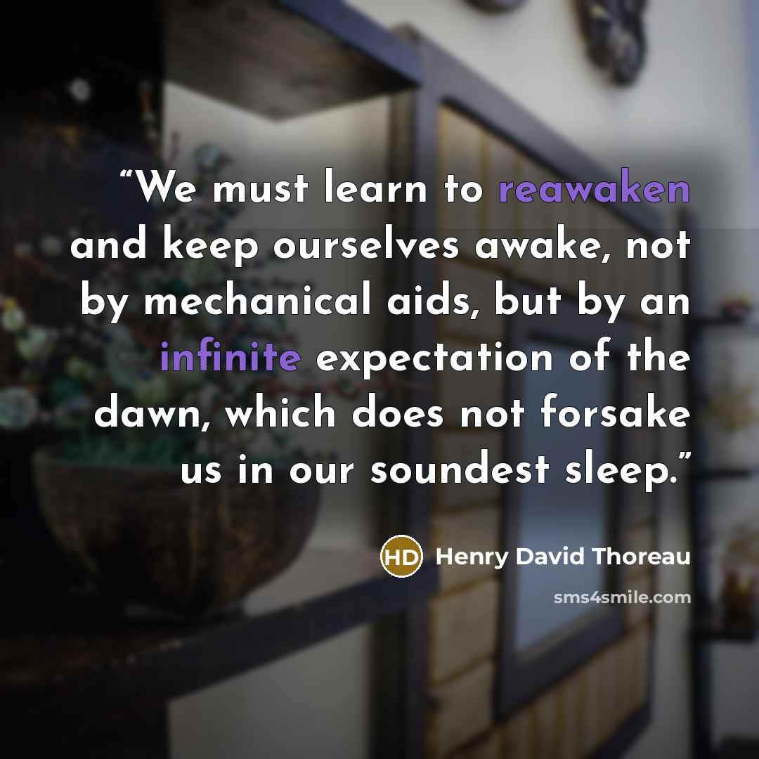 “We must learn to reawaken and keep ourselves awake, not by mechanical aids, but by an infinite expectation of the dawn, which does not forsake us in our soundest sleep.” quote by Henry David Thoreau