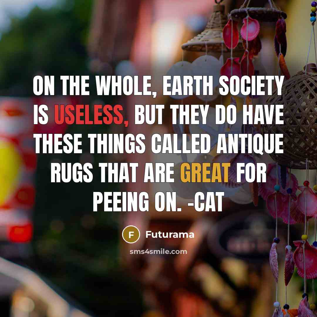 “On the whole, Earth society is useless, but they do have these things called antique rugs that are great for peeing on. -Cat” quote by Futurama