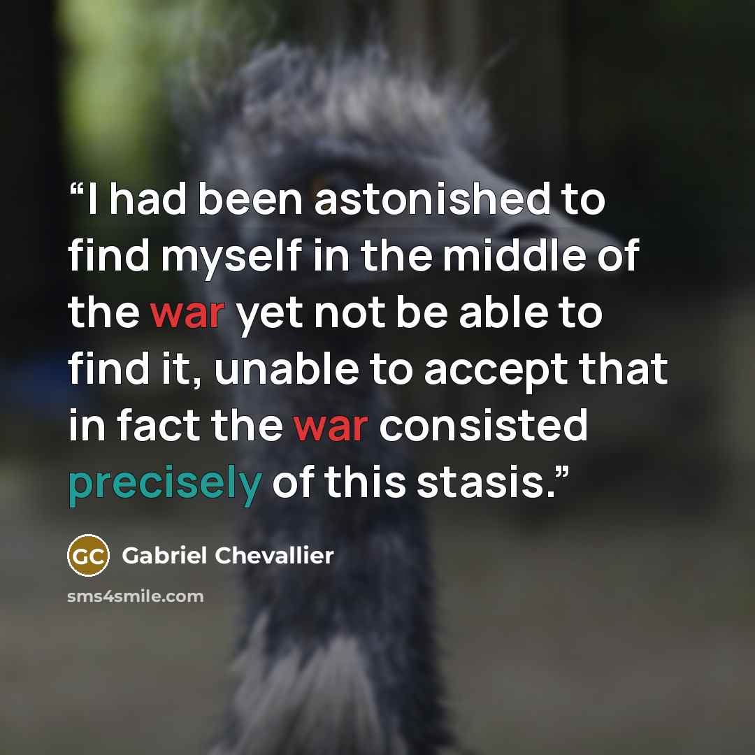 “I had been astonished to find myself in the middle of the war yet not be able to find it, unable to accept that in fact the war consisted precisely of this stasis.” quote by Gabriel Chevallier